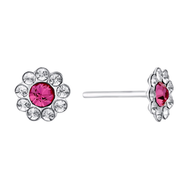 Children's Silver Pink & Clear Crystal Flower Stud Earrings