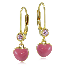 Icz Stonez 18k Gold Over Silver Enamel And Pink Cubic Zirconia Dangling Heart Children's Leverback Earrings