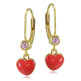 Icz Stonez 18k Gold Over Silver Enamel And Pink Cubic Zirconia Dangling Heart Children's Leverback Earrings