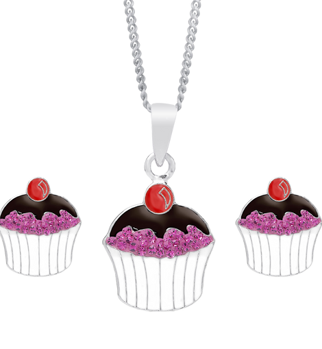 Molly And Emma Sterling Silver And Crystal Cupcake Necklace And Stud Earrings Set